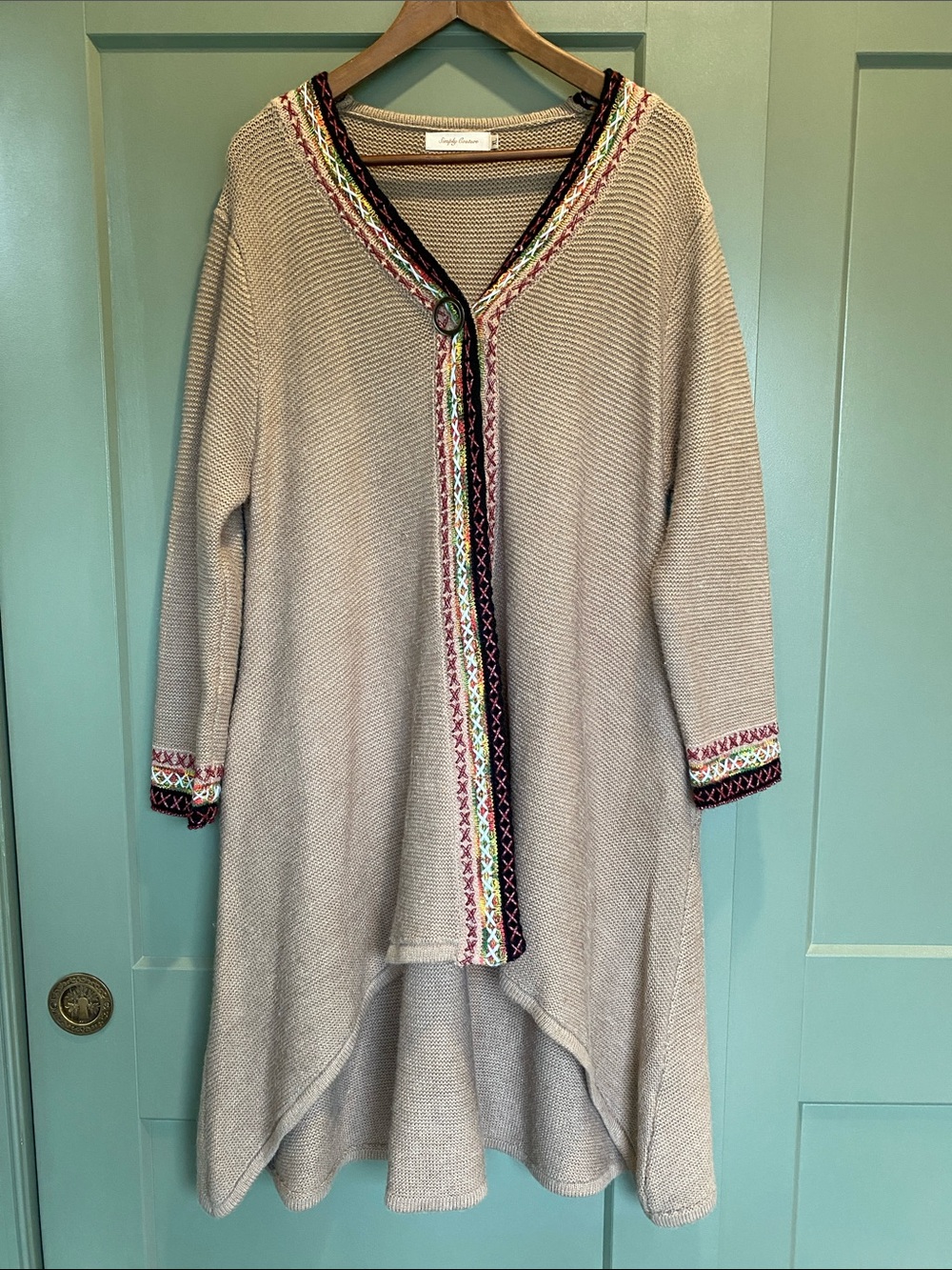 Simply Couture Beige Knit Swing Cardigan with Multicolor Embroidered Trim